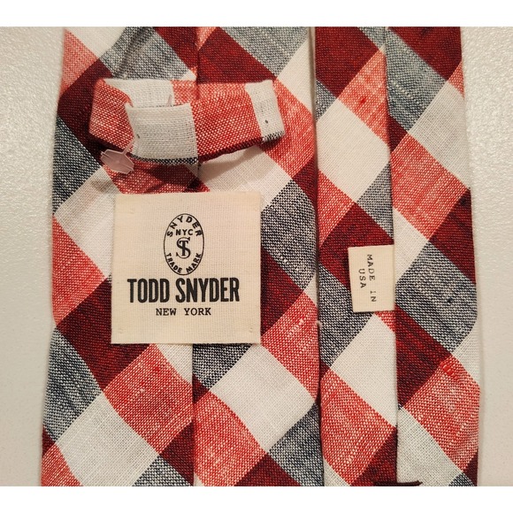 Todd Snyder New York Neck Tie 100% Linen Made In USA Plaid Check Red - Picture 2 of 7